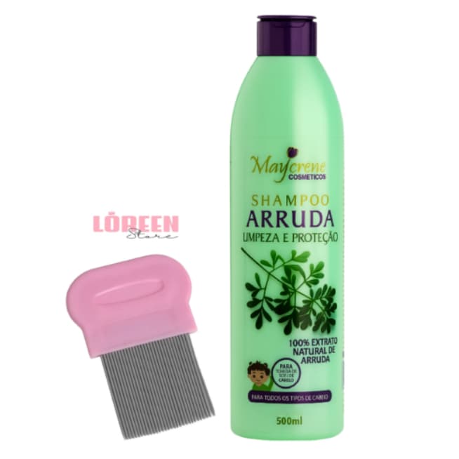 Shampoo Arruda Maycrene + Pente Fino Aço Inox – Combate Piolhos e Lêndeas