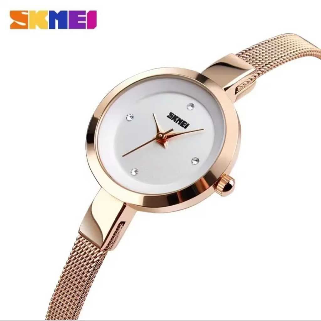 Relogio feminino estilo de jóia bijuteria bracelete com brilhantes luxo skmei acabamento refinado visual minimalista