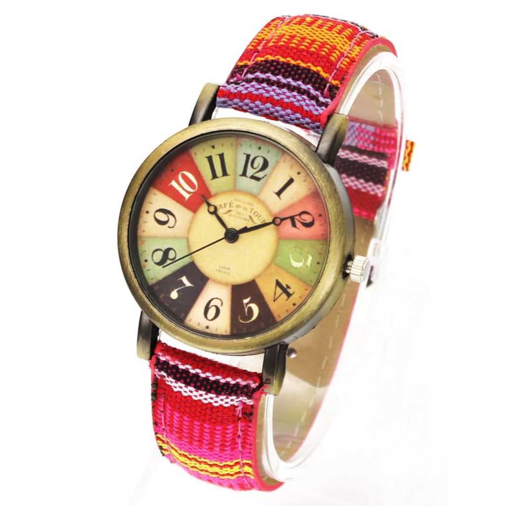 Relógio Analógio Feminino Masculino Vintage Pulseiro Couro e Tecido Colorido Visual Minimalista Retro