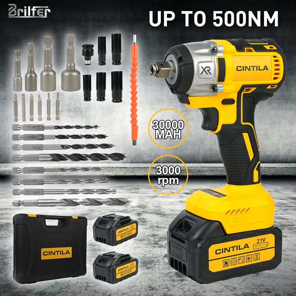 Chave de Impacto 21V Sem Escova Kit c/ 2 Baterias + Acessórios + Carregador Bivolt 520Nm Estojo