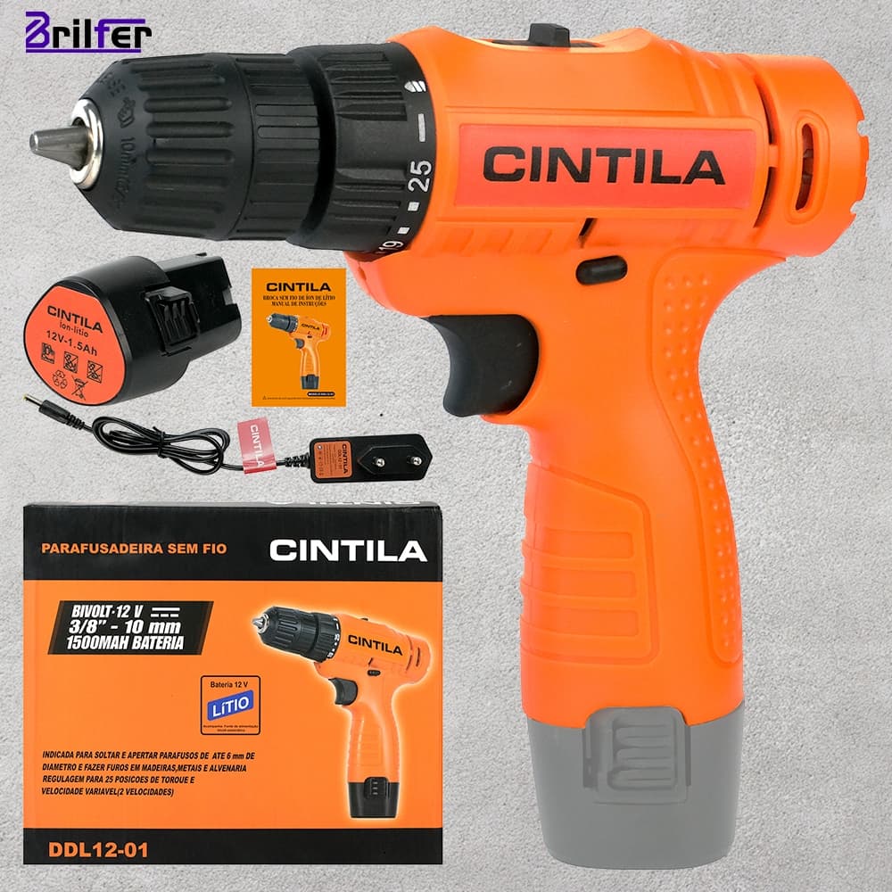 Furadeira/Parafusadeira 12V 2Vel c/ Bateria 1300mAh e Carregador Europeu Motor Cobre Mandril Peacock
