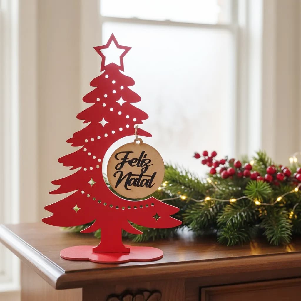 Enfeite Árvore De Natal Com Frase Feliz Natal Mdf Para Mesa Móveis Escritórios Clínicas Decorativo