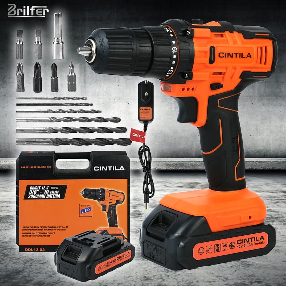 Furadeira 12V 2Vel Kit 13 Brocas/Pontas + Bateria 1300mAh Carregador Europeu Motor Cobre Mandril