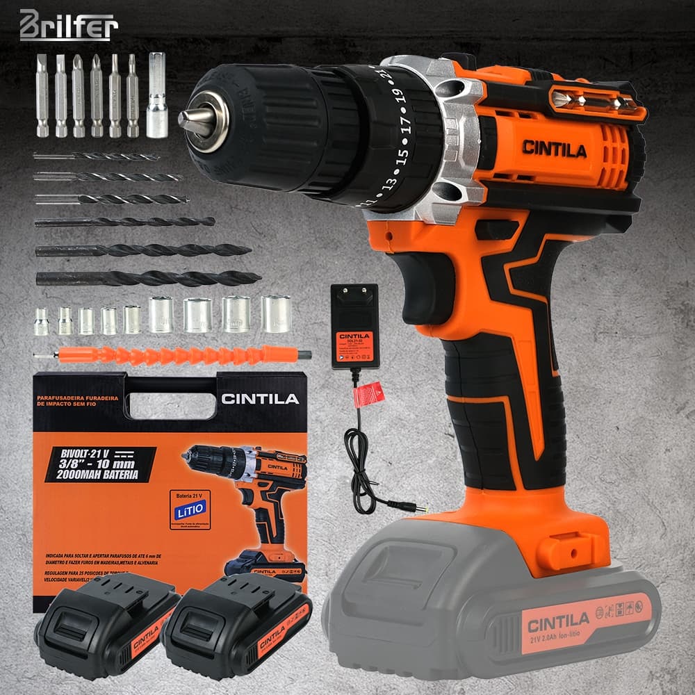 Kit 24 Peças Furadeira Impacto 21V 2Vel c/ 2 Baterias + Carregador Europeu Bivolt e Acessórios