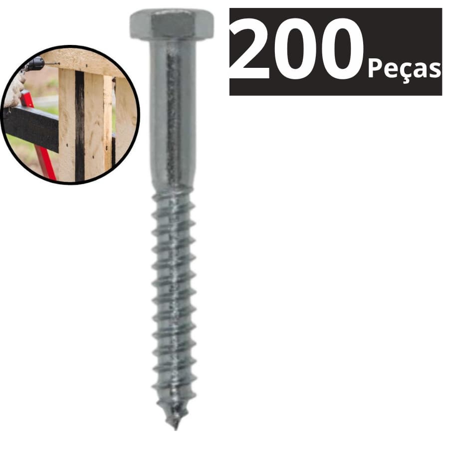 Parafuso Sextavado Rosca Soberba Zincado 1/4x50mm Com 200 Peças Para Madeira