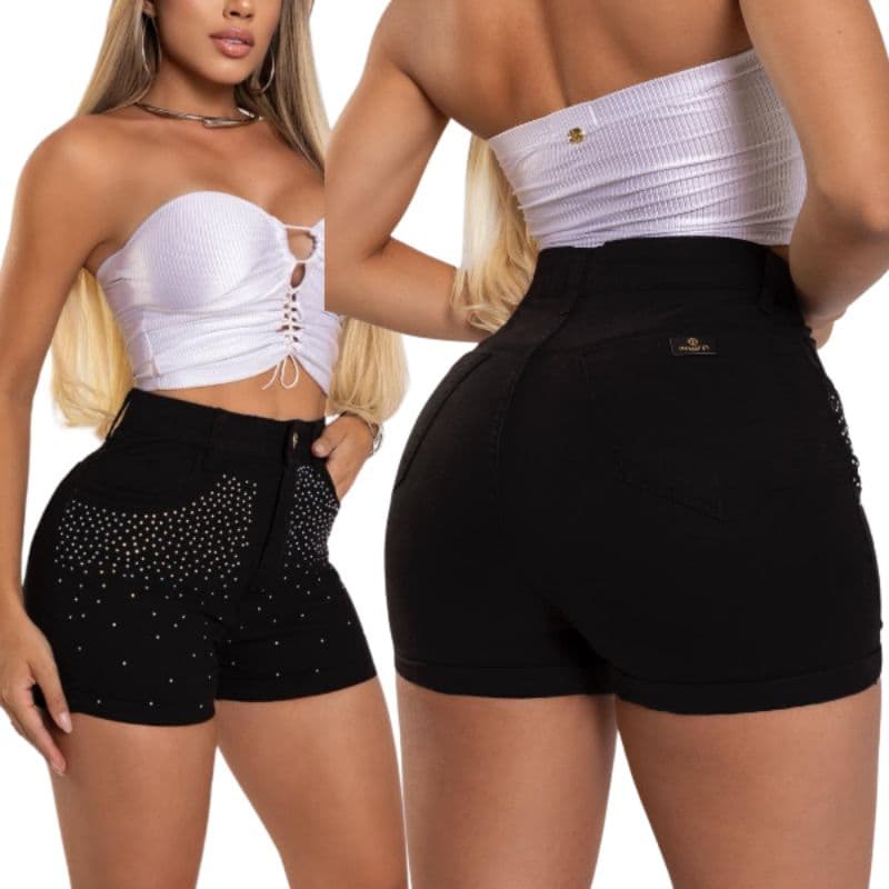short feminino colorido preto e branco com brilho short jeans feminino com strass e elastano Laycra short blogueira