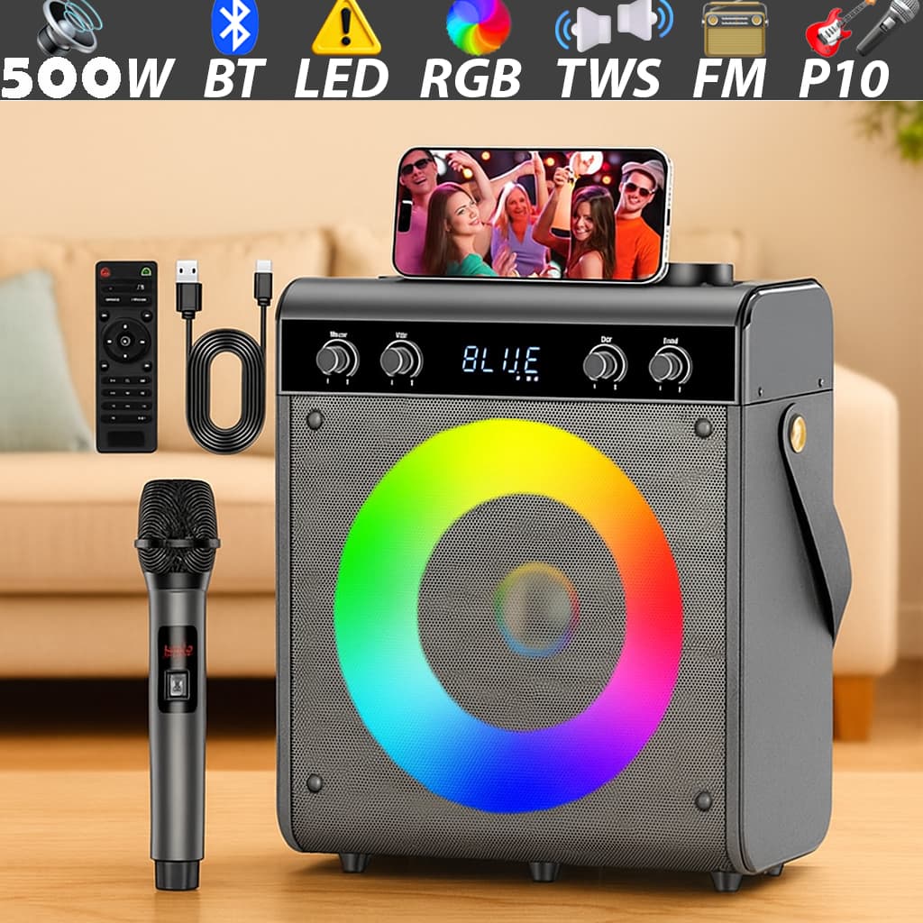 Caixa de Som Bluetooth Portátil Potente 500w C/ Microfone LED RGB USB TWS FM para Exteriores e Festa