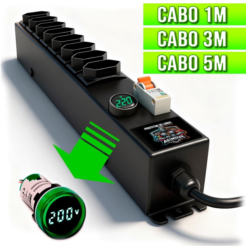Filtro Linha 20A Voltímetro E Disjuntor Cabo 1mt 3mt 5mt Com 8 Tomadas [ASIMOVE PREMIUM]