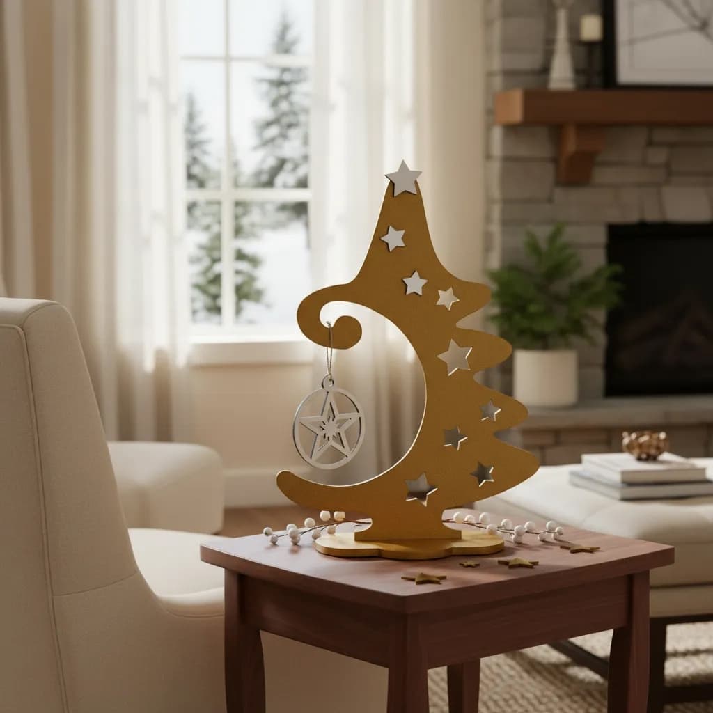 Árvore De Natal Pintada Mdf Com Pingente Redondo Estrela Dourada Rose ou Verde 28cm