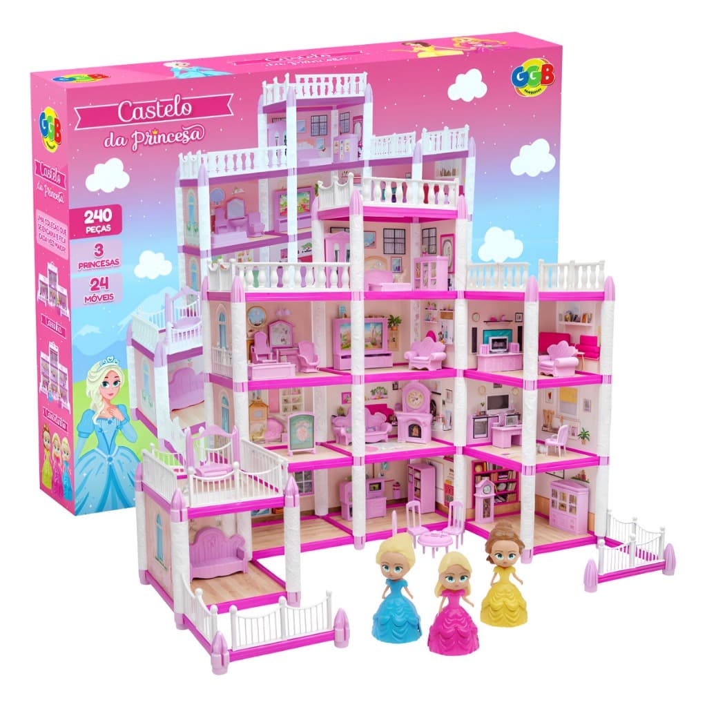 Castelo Da Princesa 240 Peças Com 3 Princesas 24 Móveis Brinquedo Menina Infantil Linda e Divertida
