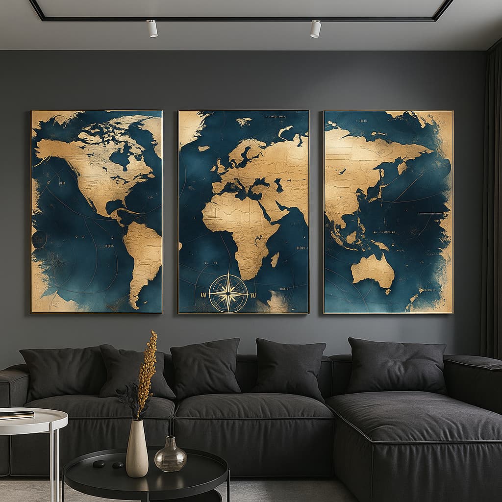 Quadro Mapa Mundi Para  Sala 3 Telas  Moderno Abstrato Quadro Decorativo Quarto Tamanho Especial