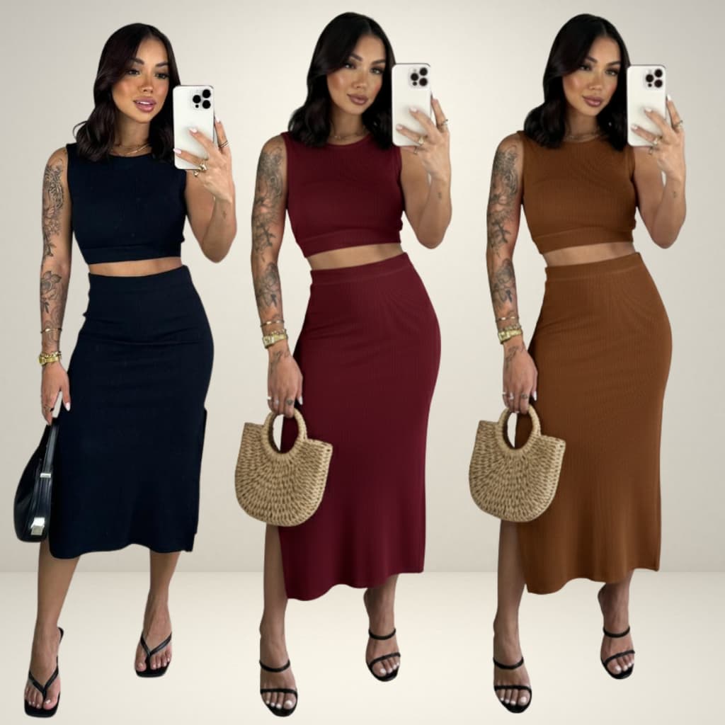 Conjunto Feminino Canelado Regata Cropped com bojo + Saia Midi com Fenda  Look Elegante e Versátil