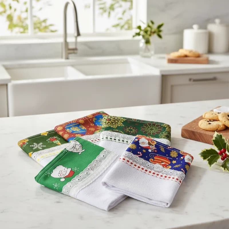 Pano De Prato Pé De Galinha Bordado ingles Natal Kit 5 Pçs