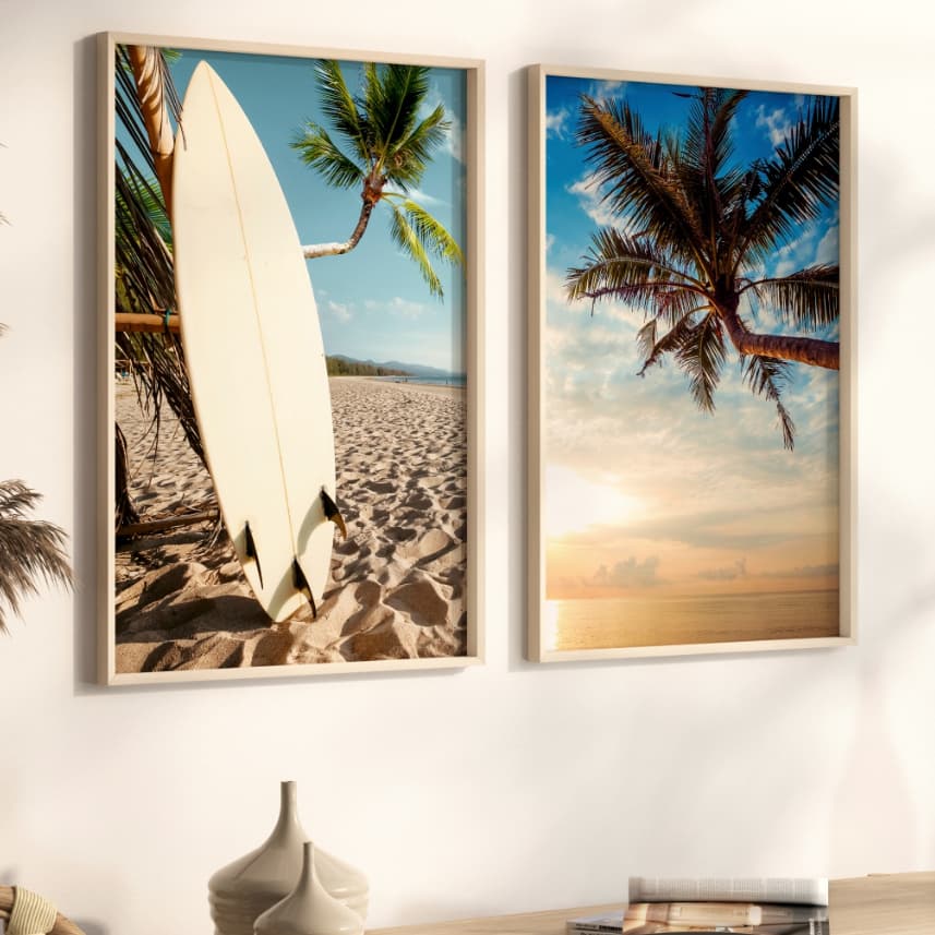 Kit 2 Quadros Decorativos com Moldura Sala Quarto Duo Paisagem Tropical Praia Prancha Surf Vidro