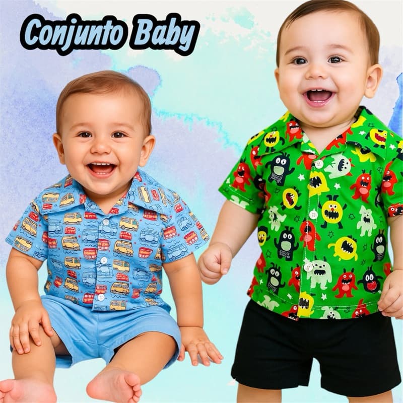 Conjunto Infantil Baby Menino Camisa Estampada + Short Leve e Fresquinho bebê Verão Mauricinho