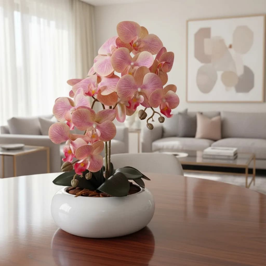 Arranjo de Orquídeas Rosa em Vaso Ikebana Branco Centro de Mesa G 46 CM