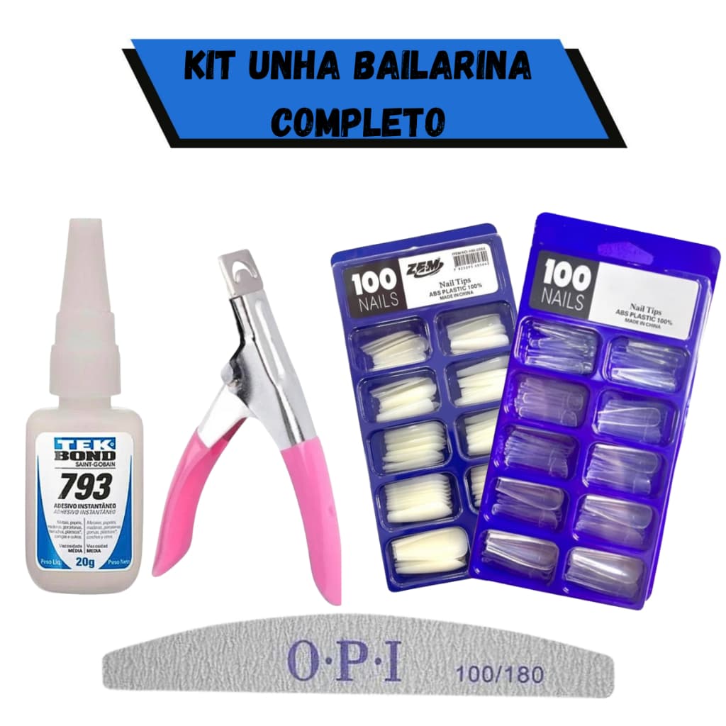 Kit Alongamento de Unha - Alicate + Unha Bailarina Transparente + Tekbond + Lixa