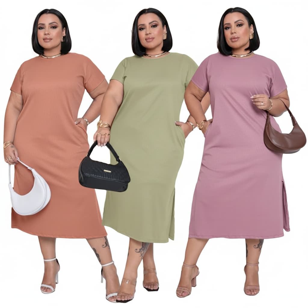 Vestido Plus Size Basico Midi Elegante Fenda Lateral Liso Feminino Malha Canelada 2730