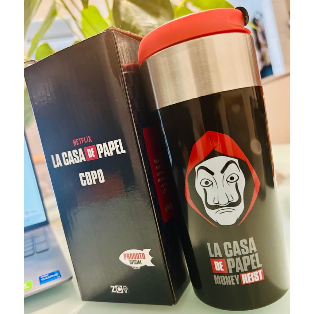 🟥 Copo La Casa de Papel Aço Inoxidável com Tampa – Produto Oficial Zona Criativa | Edição Exclusiva Netflix