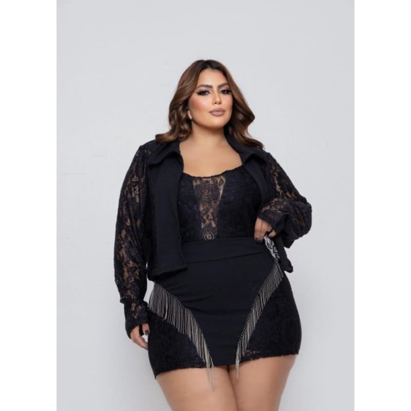 CONJUNTO TRIO CASACO+BLUSA+SHORT SAIA MODA PLUS SIZE FEM REF 5856 franja