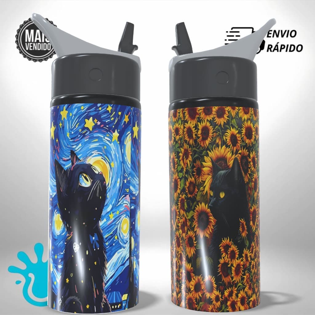 Garrafa Squeeze Alumínio Personalizada Gatinhos Van Gogh - Presente Único e Criativo