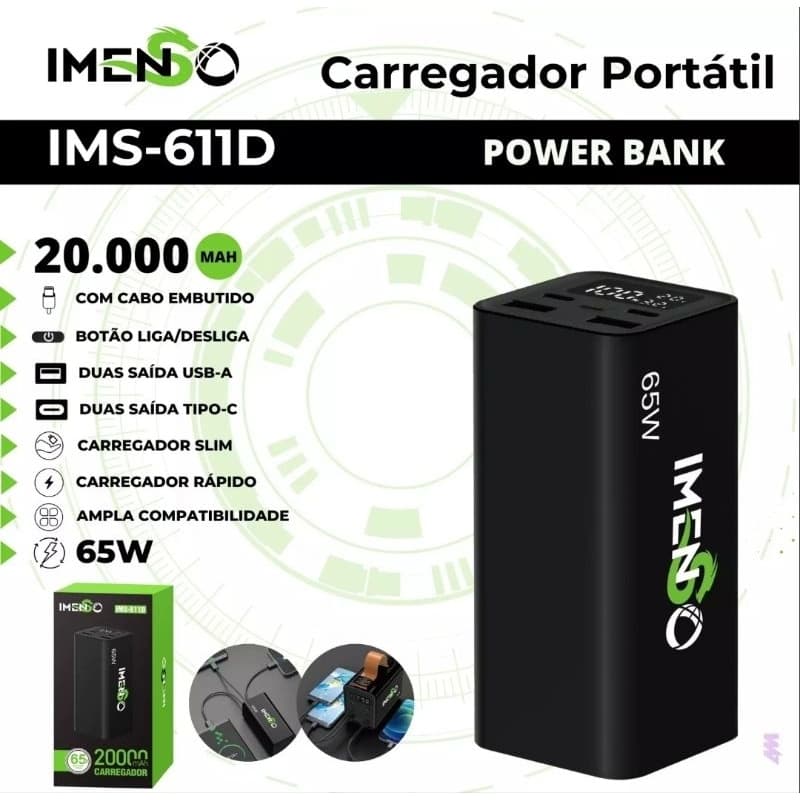 Carregador Portátil Celular Notebook Imenso IMS-611D Slim Ultra Rápido 65w 20000mah