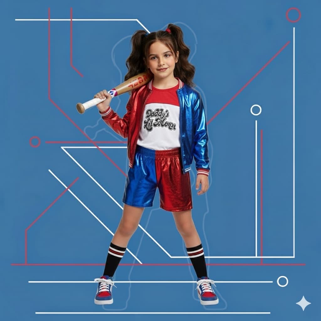 Fantasia Infantil Arlequina Completa Casaco Blusa e Taco Harley Quinn