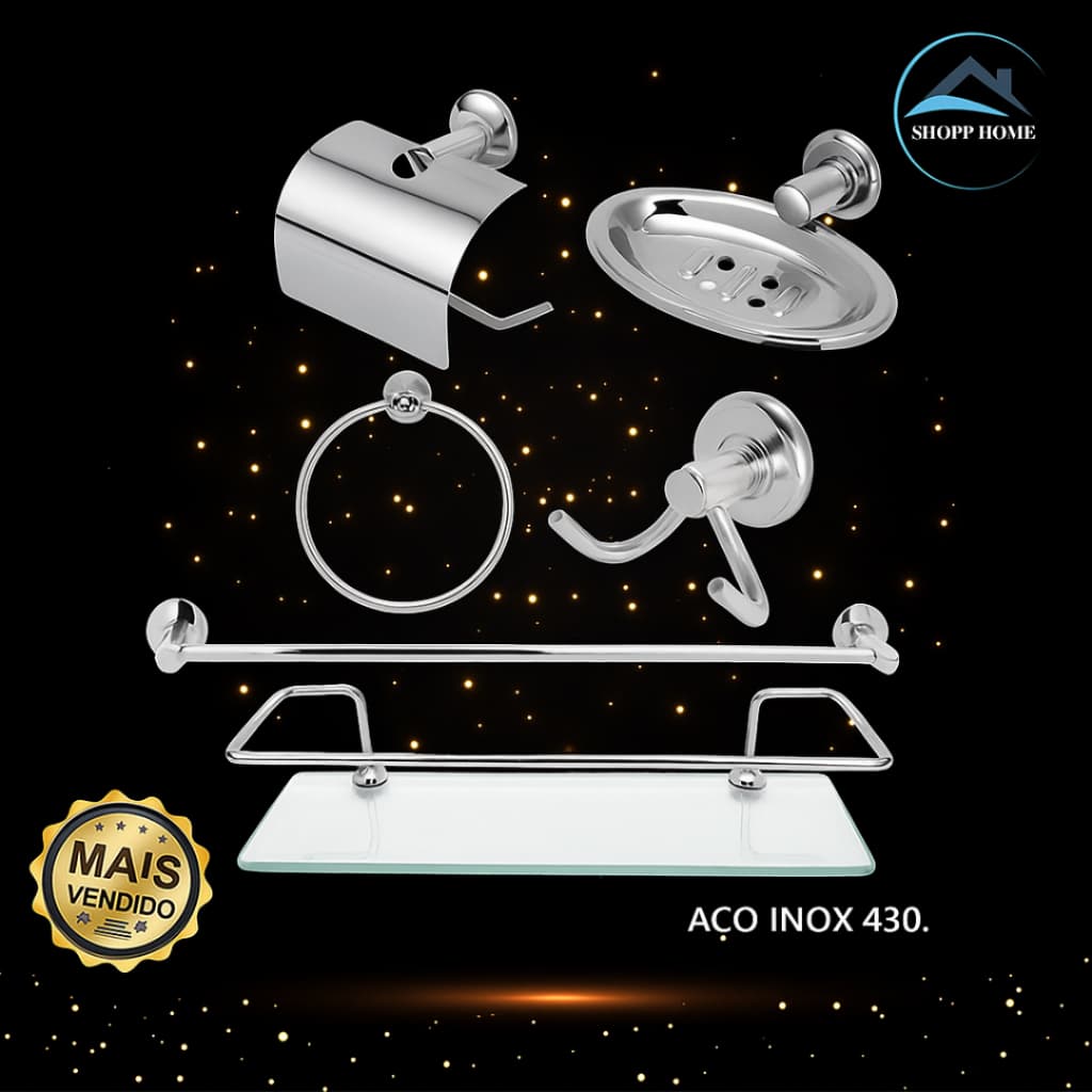 Kit Acessórios para Banheiros 5 peças + 1 Porta Shampoo Reto vidro