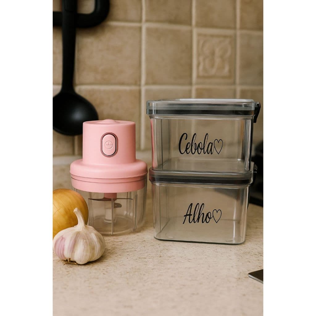 Kit Triturador Automático + Potes de Alho e Cebola Personalizados | Organização e Praticidade na Cozinha