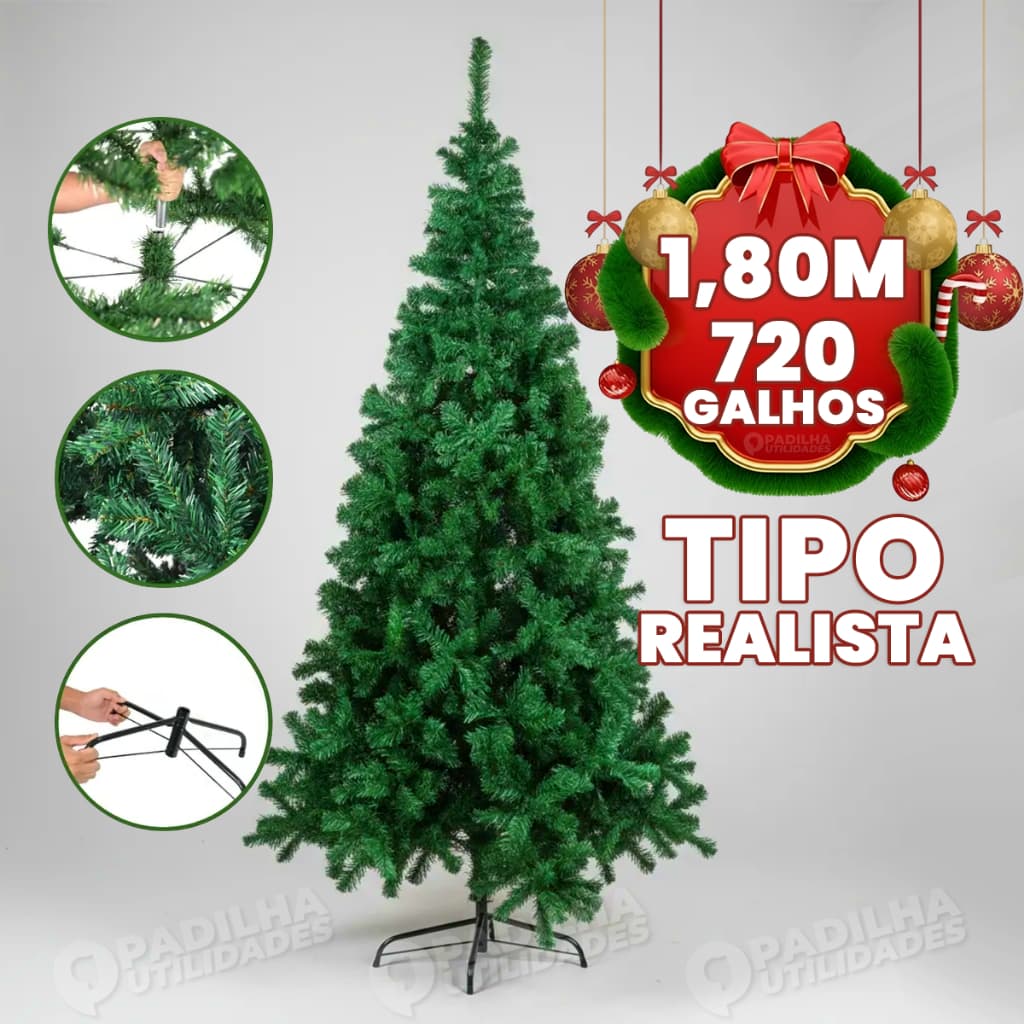 Árvore Natal Pinheiro 1,80m Verde 720 Galhos Base Ferro TUUT Pinheirinho