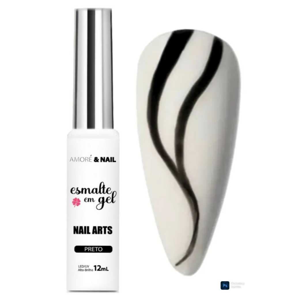Esmalte Em Gel Preto Pincel Ponta Fina 12ml Led/Uv AMORÉ&NAIL Hema Free