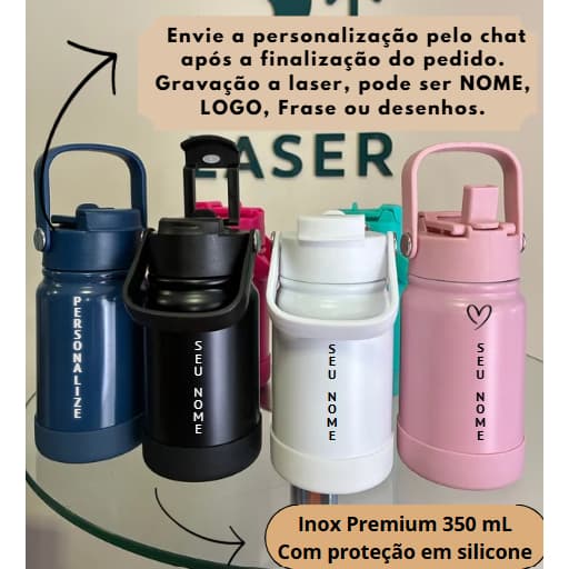 Garrafa 351mL pequena térmica personalizada, canudo e bico,  inox de alta qualidade, dupla camada