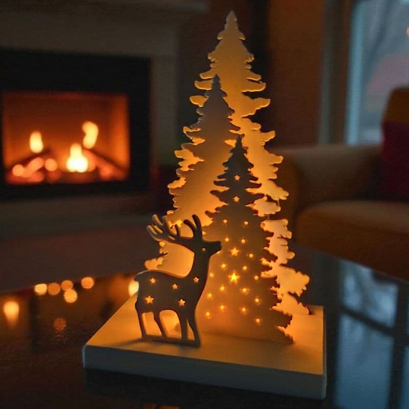 Enfeite de Natal Com Brinde Vela LED, Pinheiro e Rena Decorativa de Mesa Natalina, Decoração de Natal, Presente Criativo