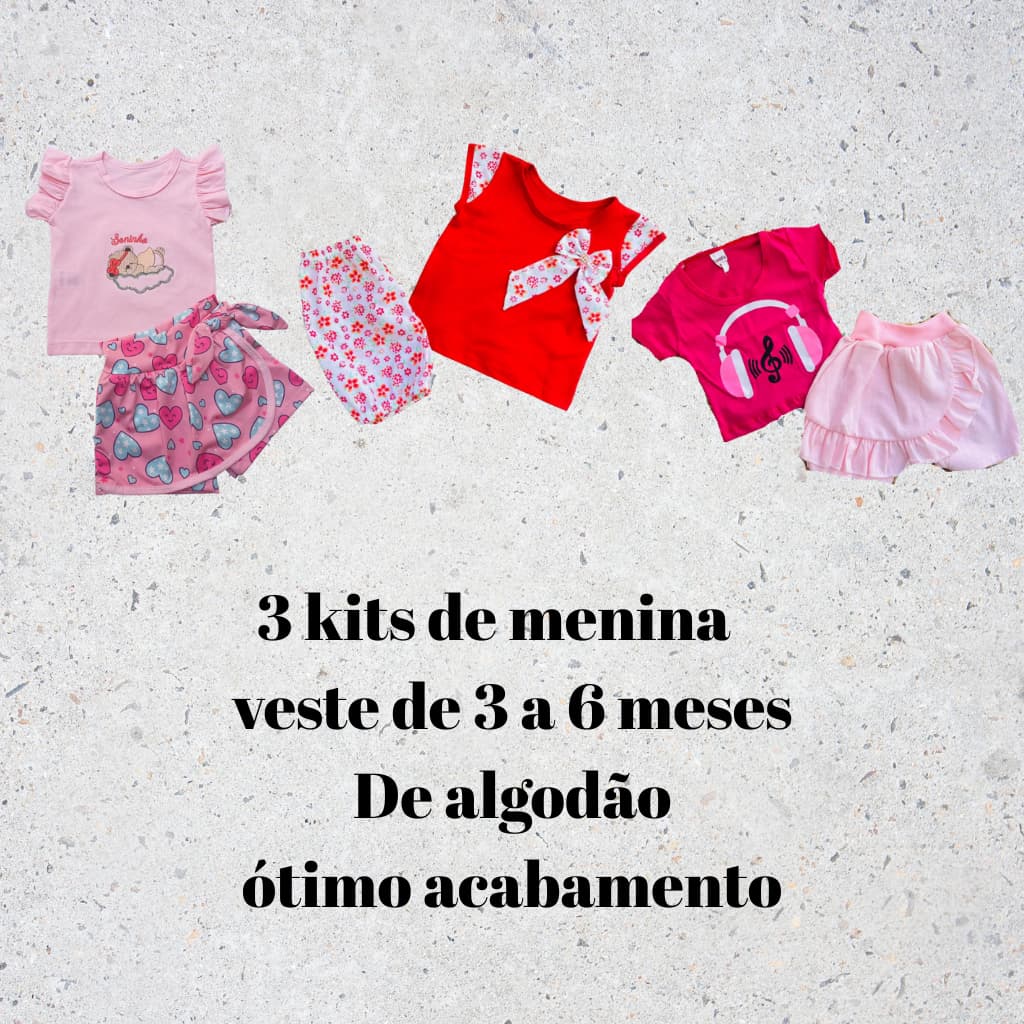 Kit 6 peças conjunto bebê verão 3 camisetas 3 shorts menina