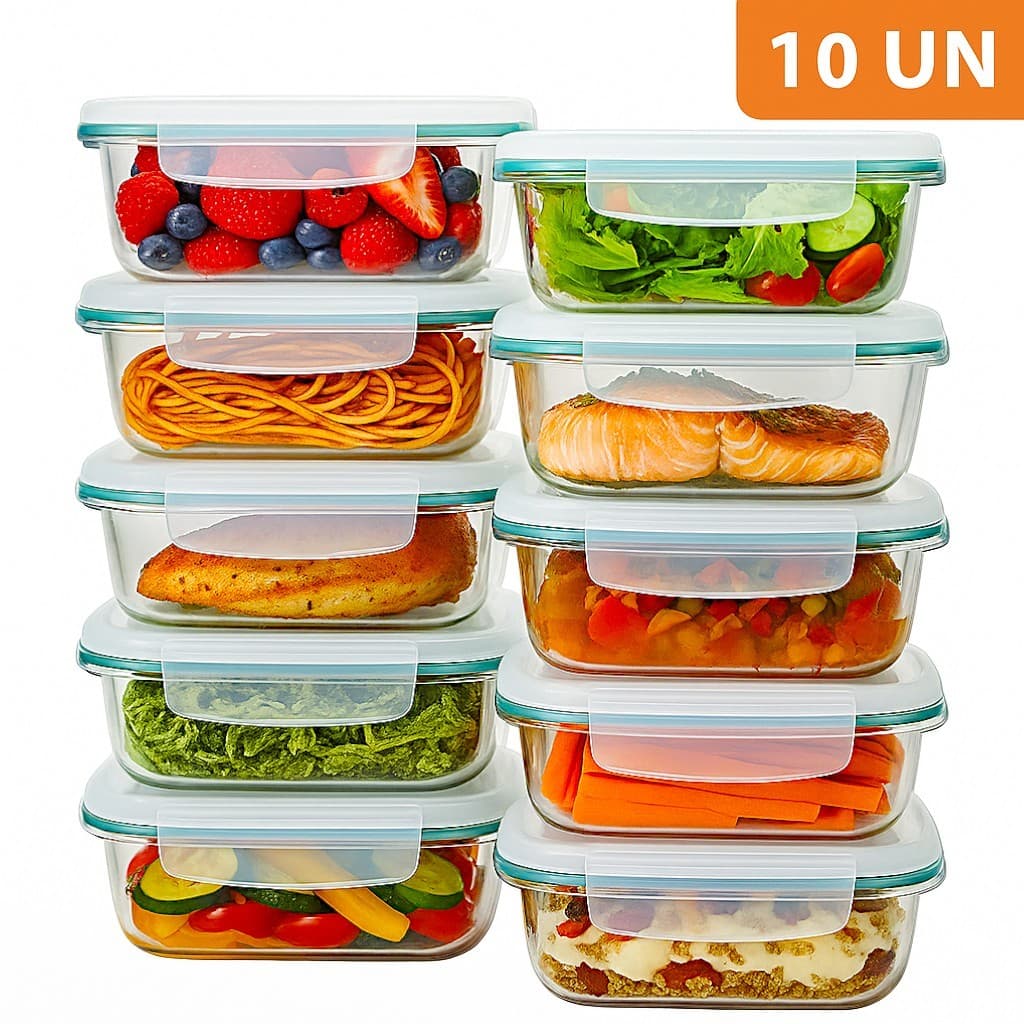 Kit 10 Potes De Vidro Hermético 800 ML Grande Com Tampa 4 Travas Marmita Organizador Alimentos Fit