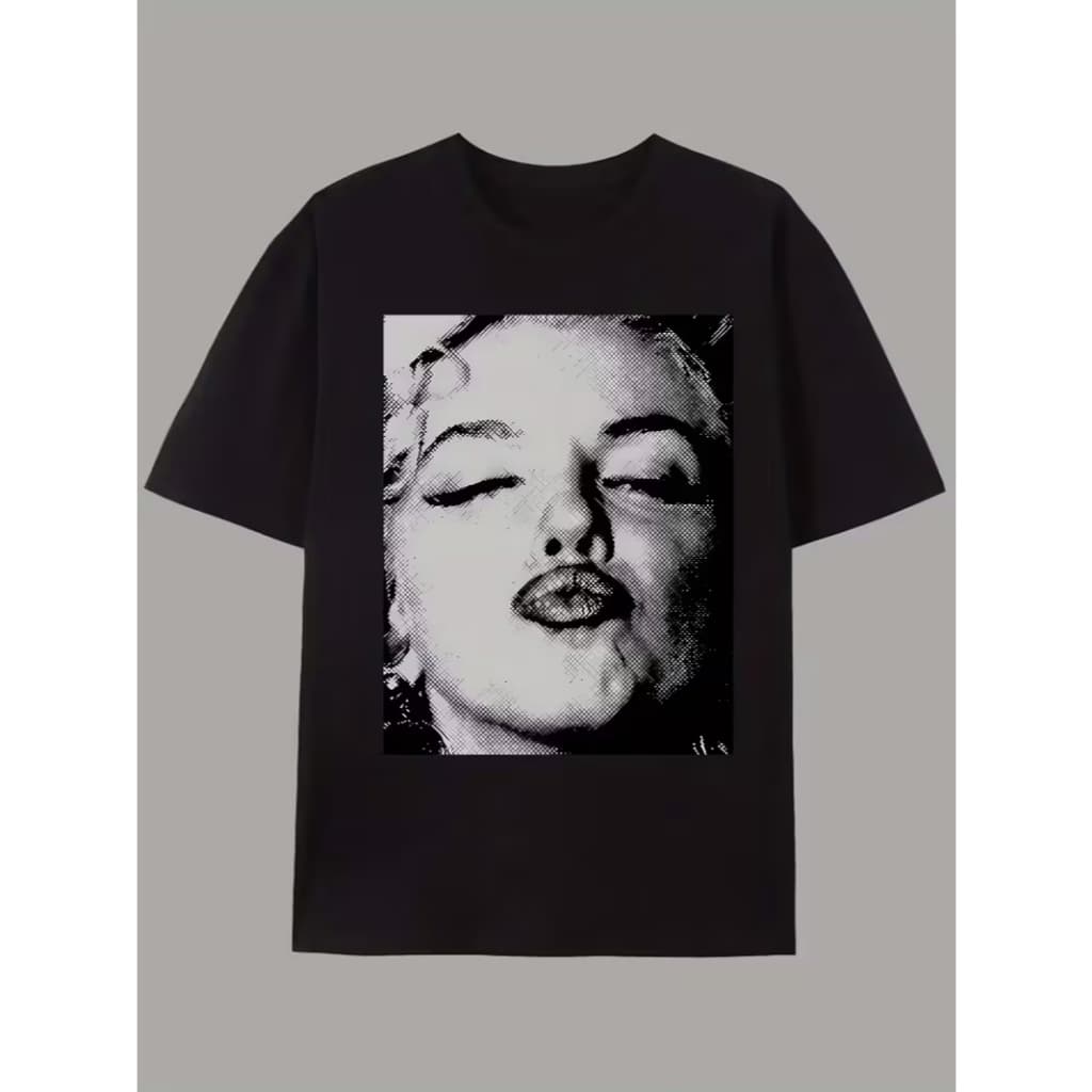 T-shirt preta com estampa rosto mulher vintage em preto e branco – estilo retrô moderno para quem ama moda personalizada