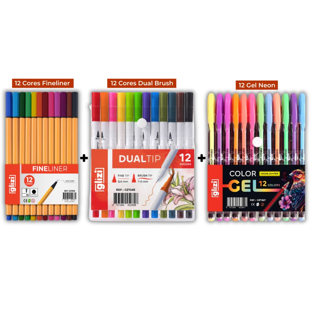 Kit Canetas Coloridas Ponta Fina 12 Cores + 12 Cores Brush + 12 Gel Pastel ou Neon Highlighter