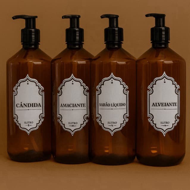 Kit 4 Frascos Âmbar Lavanderia 1L Sabão Líquido/candida/Amaciante/alvejante