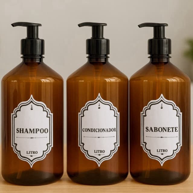 Kit 3 Frascos Âmbar para banheiro e organizaçã casa mesa e banho shampoo/sabão líquido/condicionado