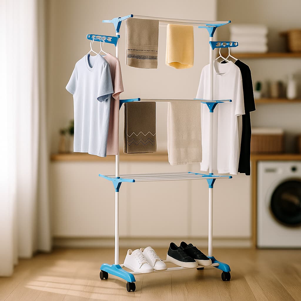 Varal De Chão 3 Andares Dobrável c/ Rodinhas e Cabideiro Aço Suporta 48kg Apartamento Vertical Torre