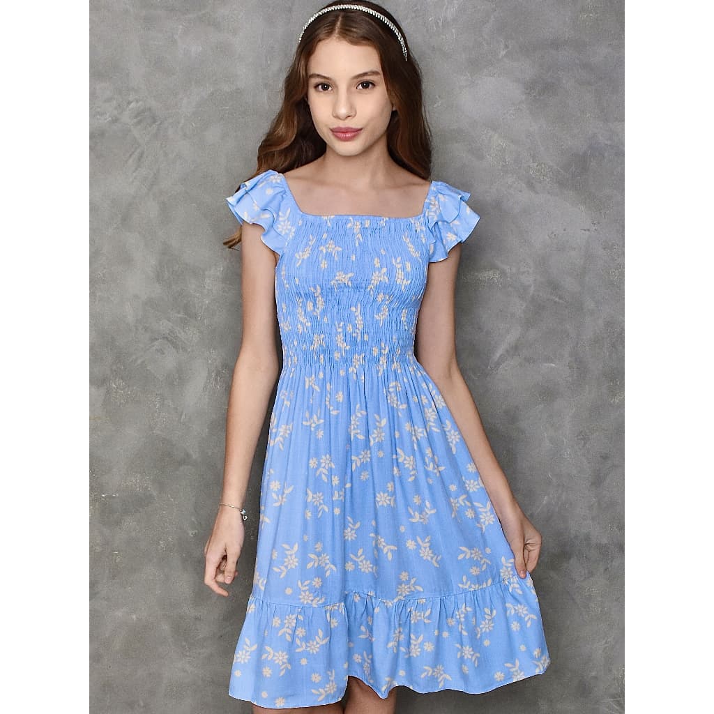 Vestido Feminino Juvenil e Infantil Estampado em Tecido Vicolinho Estilo Verão com Babados Tamanho10 -16 anos Moda 2025