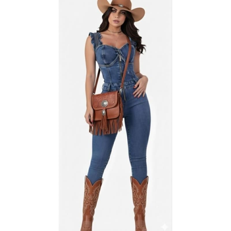 Macacão Jeans Feminino Longo Ciganinha Skinny com laycra manga curtas  com ziper 38 ao 48