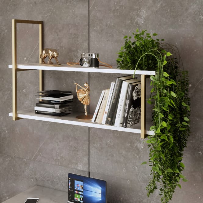 Prateleira Industrial Dourada Suporte em Metalon Dourado  2 Prateleiras em MDF Modelo Suspensa