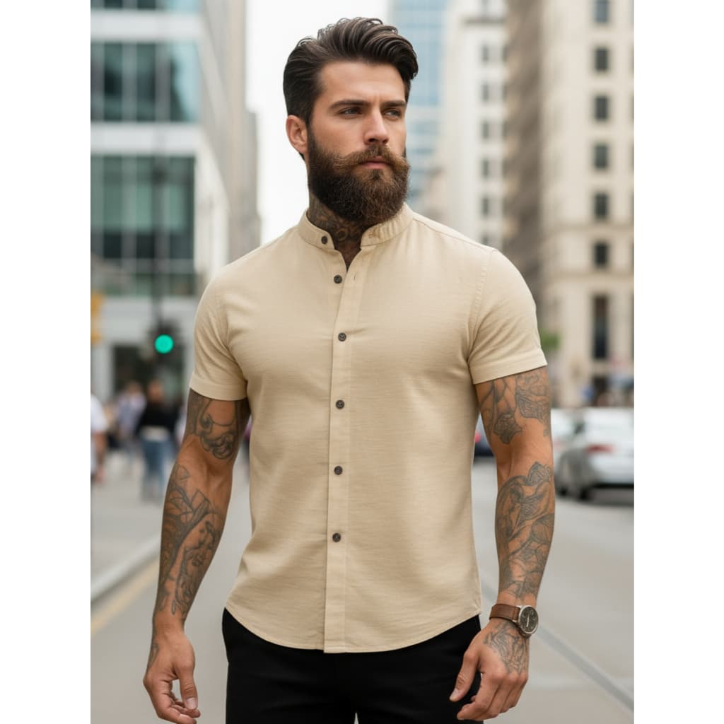 Camisa Social Masculina Gola Padre Manga Curta Lisa Tecido Dunas Premium Casual Elegante Eterno