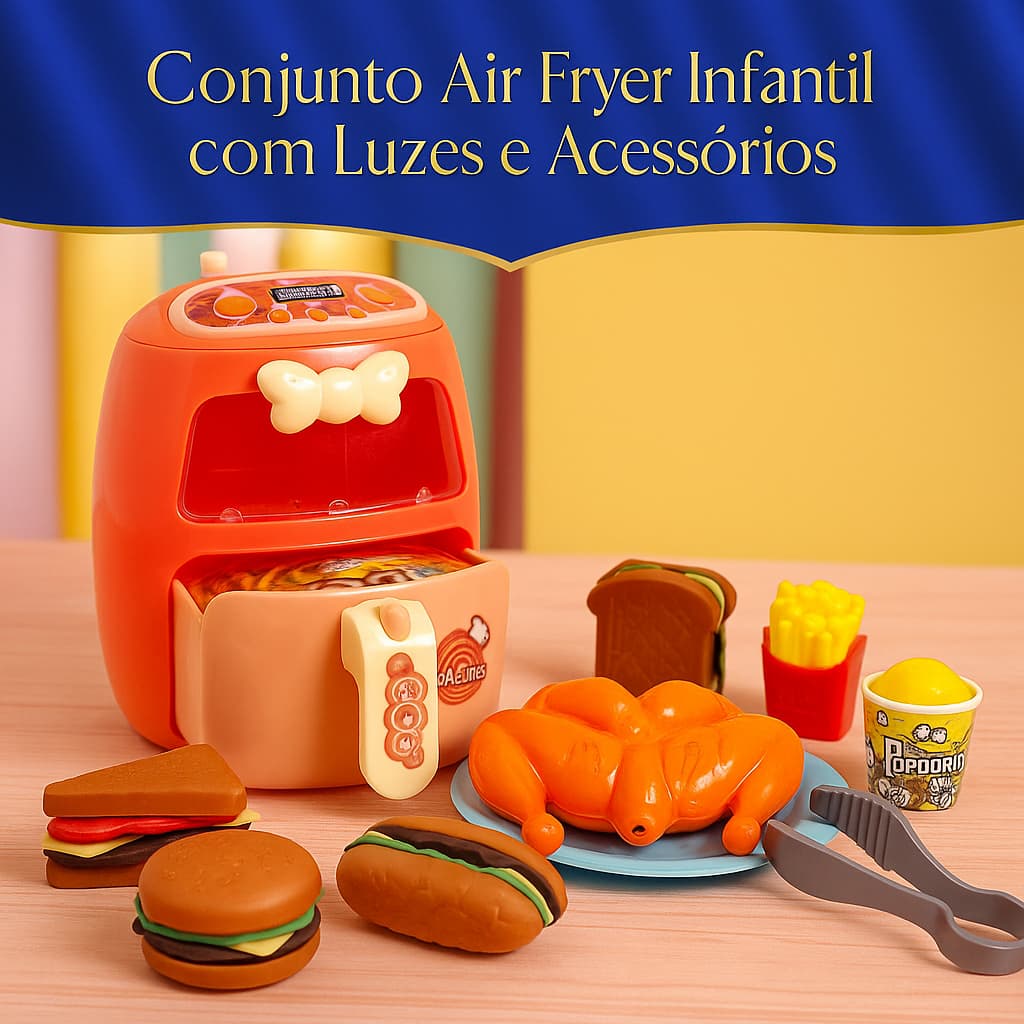 Conjunto Air Fryer com Luzes Acessórios Brinquedo Infantil Cozinha Educativo