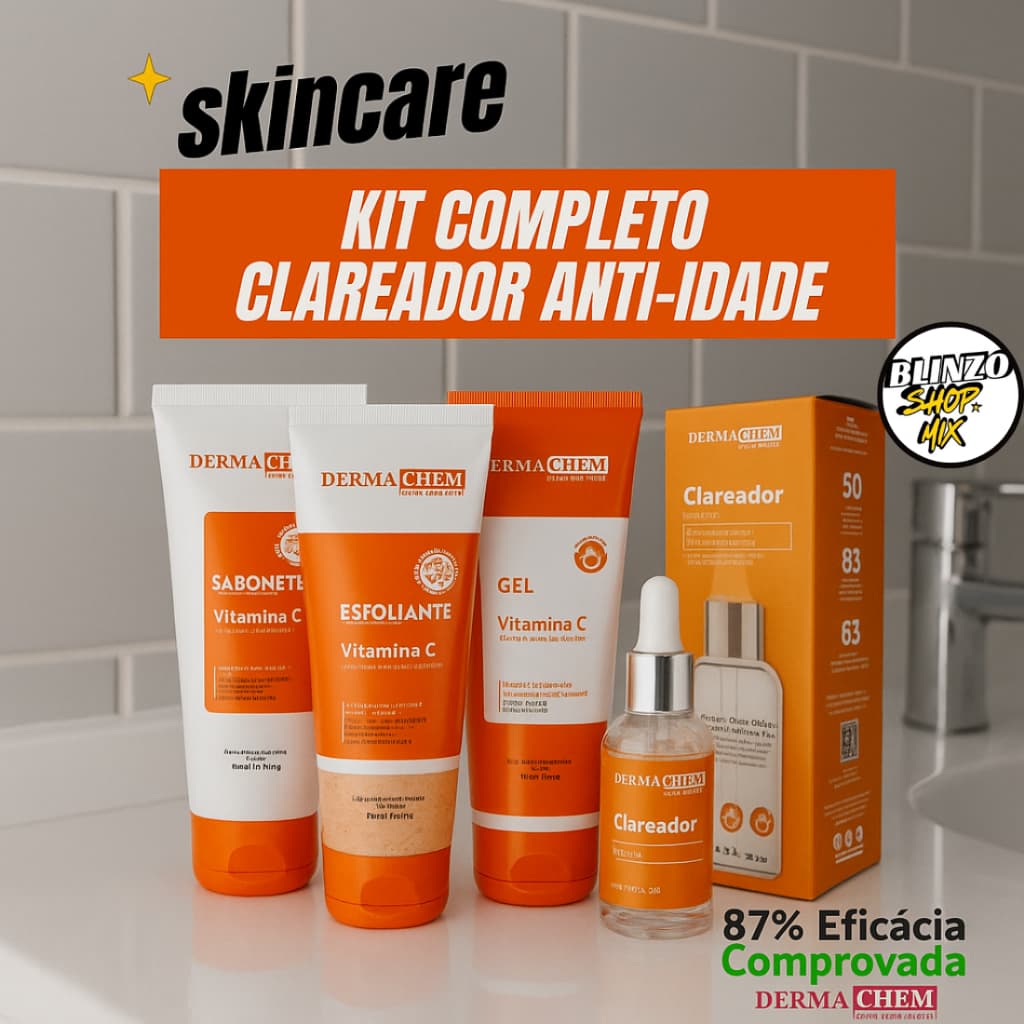 Kit Skincare Completo Vitamina C Dermachem – Sabonete, Esfoliante, Gel Hidratante e Sérum Clareador