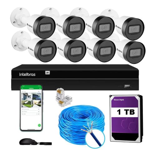 KIT 8 CÂMERAS VIPC 1230B IP FULL HD POE NVD 1408p HD 1TB PURPLE
