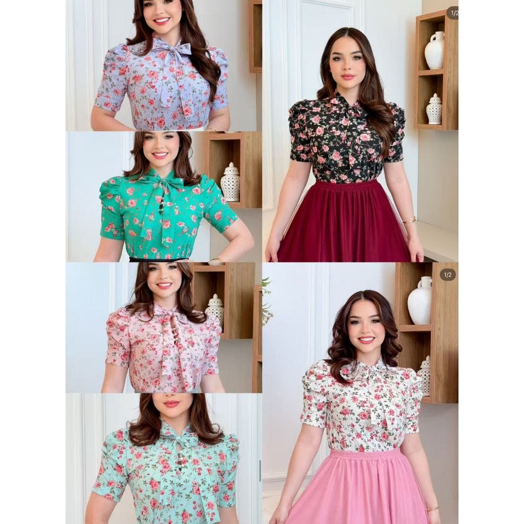 Blusa Feminina Estampado Flor Social Manga Curta Bufante com laçinho Moda evangélica