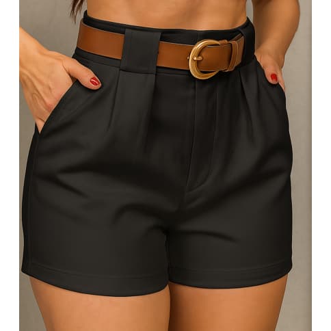 Shorts Alfaiataria Feminino Com Bolso e Cinto Cintura Alta Social Zar