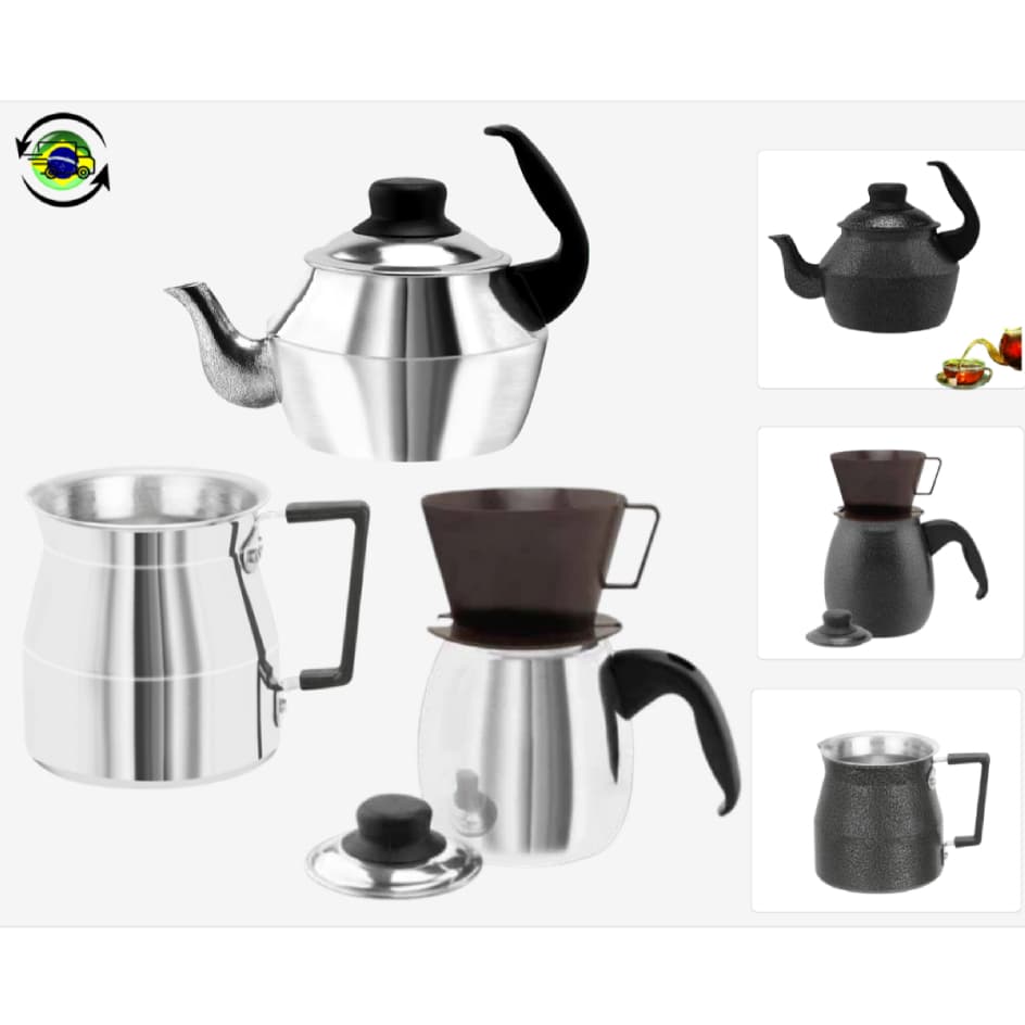 kit Chá Café  3 PÇ  Fervedor Bule Chaleira Craqueado e Polido